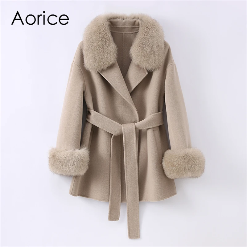 

Aorice Women Winter Wool Blends Coat Jacket 2021 New Femail Girl Real Fox Fur Coats Parka Trench Z21182