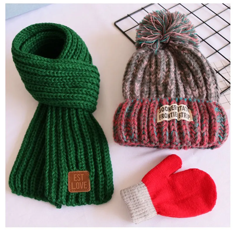 Wool three-piece set baby wool hat scarf autumn and winter boys and girls children baby cotton warm knit hat thick damp