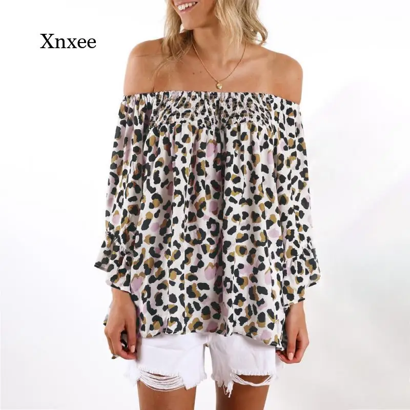 

Leopard Print Slash Neck Blouses Flared Sleeve Elastic Top Women Casual Loose Shirts Elastic Blouse Fashion Street Daily Tops