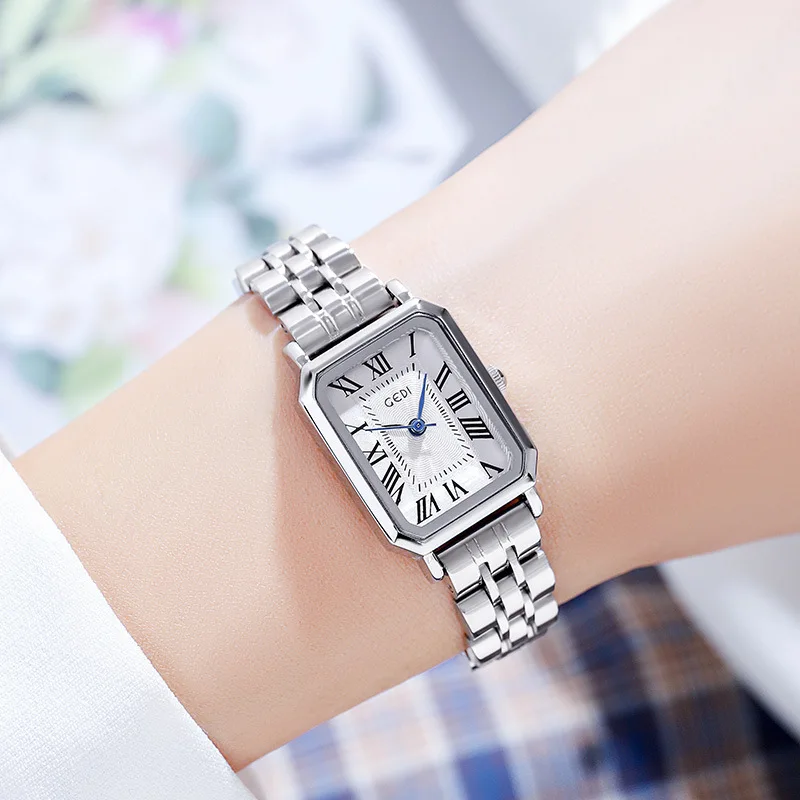 GEDI Women's Watch Korean retro style small square plate steel band quartz watch Rectangular women's watch wrist watch