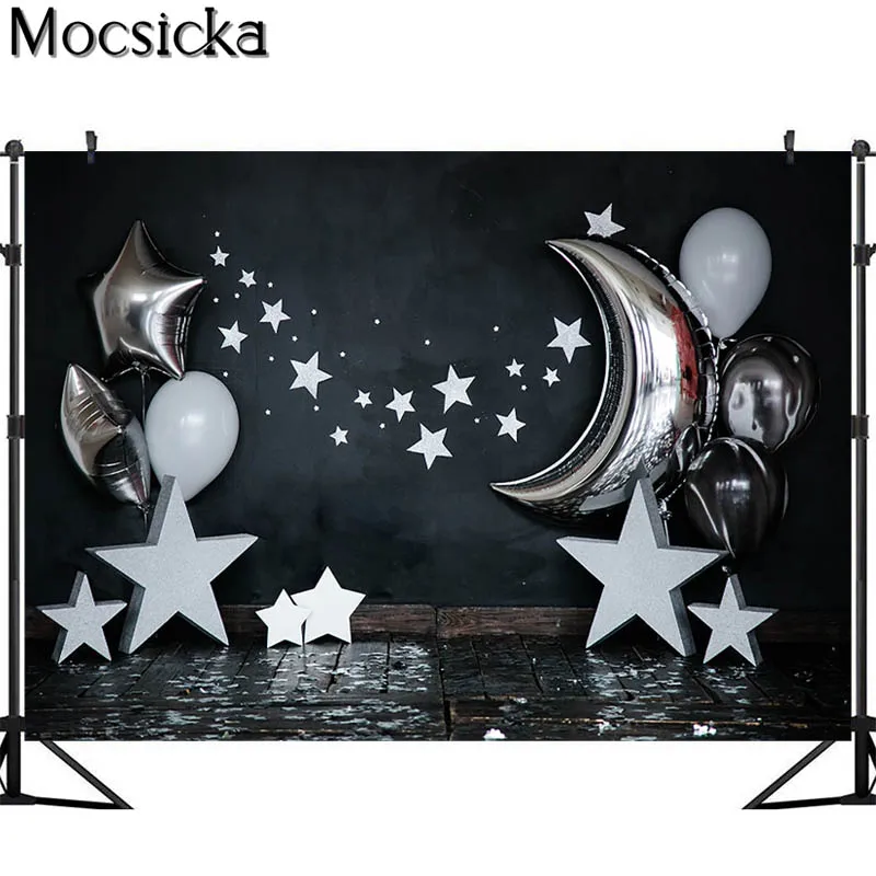 Fondo para sesión de fotos de cumpleaños, pastel Smash para niños recién nacidos, estrella plateada, Luna, decoración de globos, fondo negro, estudio fotográfico
