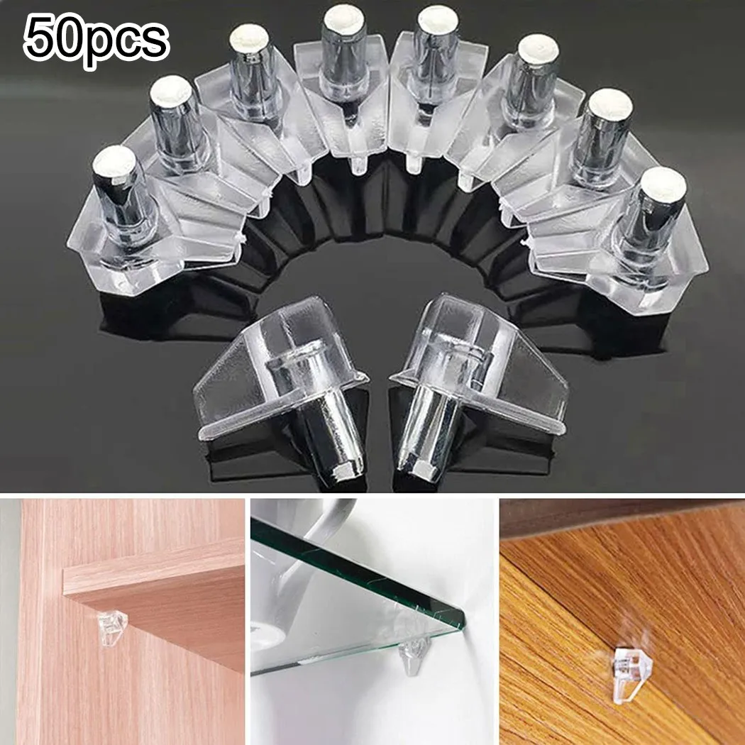 50 Buah Rak Lemari Dapur Bening Mendukung Pasak/Kancing dengan Pin Logam untuk Kit Alat Perangkat Keras Furnitur