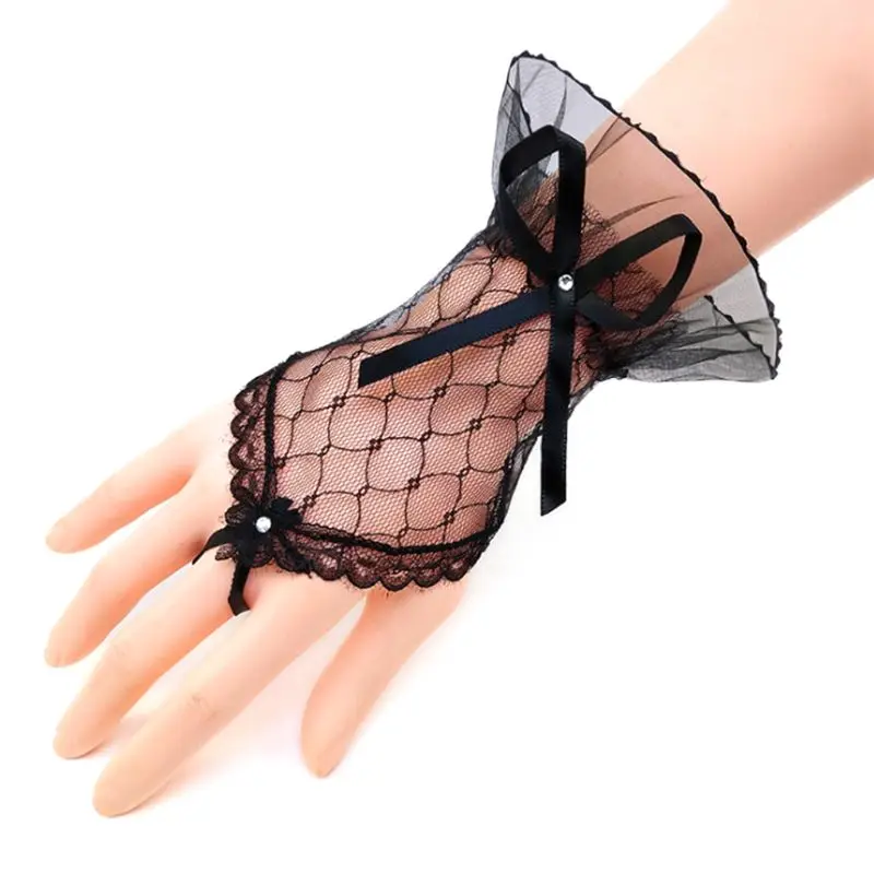 Guantes cortos sin dedos para mujer, malla transparente con lazo de diamantes de imitación, gasa de encaje para damas de honor, protector solar, gancho para dedos