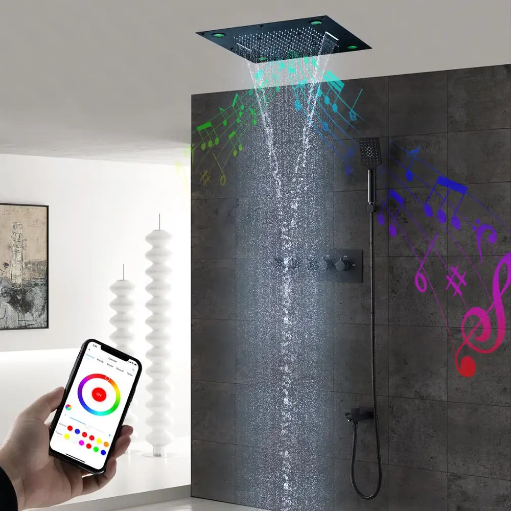 Bluetooth Music ShowerHead Bathroom Ceiling LED Shower Set Rainfall Waterfall Black Faucets System Thermostatic Concealed Mixer