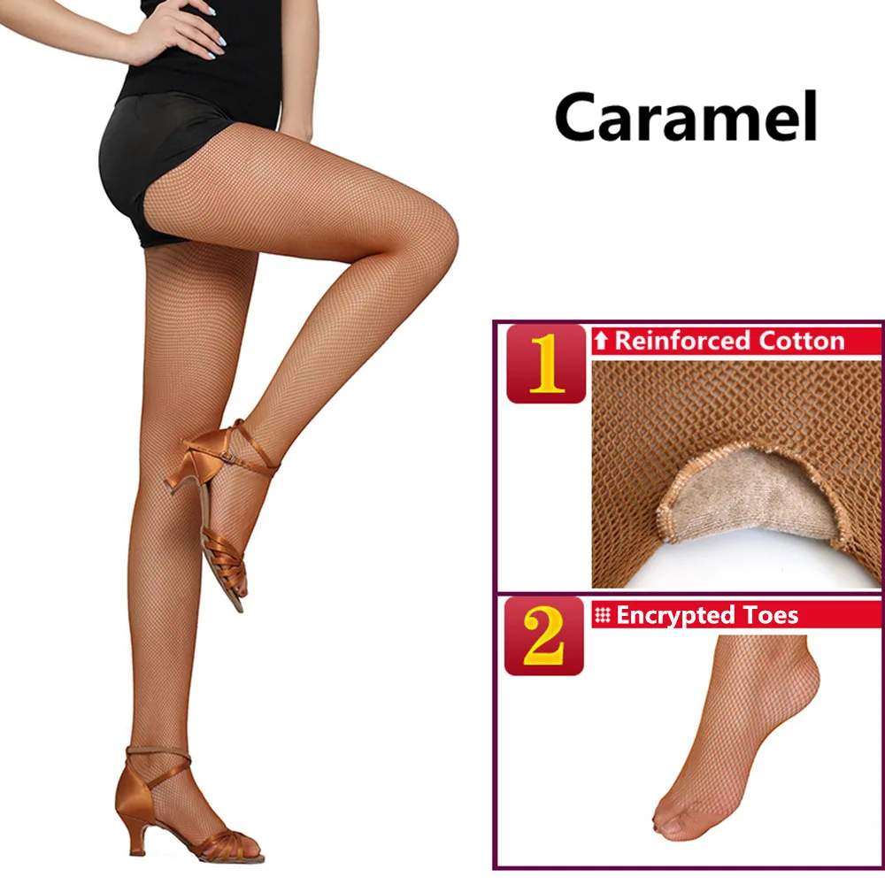 Professional Latin Dance Fishnets Toe Socks Net With Crotch Latin Dance Clothing Accessories Caramel Stockings Ballet Adult