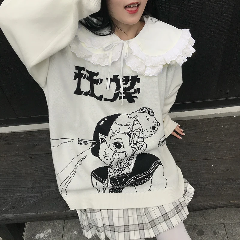 high school students comic knit pull winter new Japanese harajuku anime lace turn-down collar loose sweet girls sweater femme