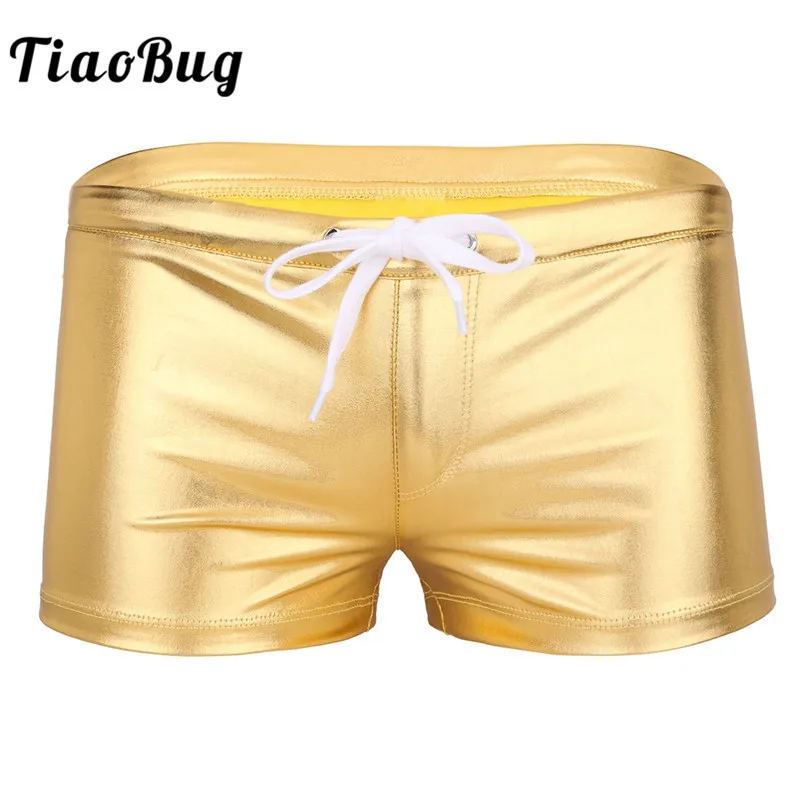 TiaoBug Men Swimwear Shiny Patent Leather Drawstring Lounge Workout Swimming Underwear Boxer Briefs Underpants Bathing Suit