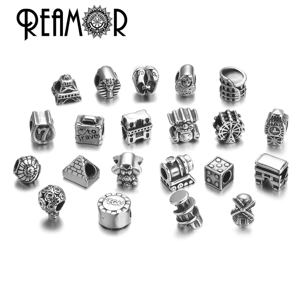 REAMOR Stainless Steel Travel Pharaoh Big Ben Train Pyramid London Eye European Style Beads For DIY Bracelet Jewelry Findings