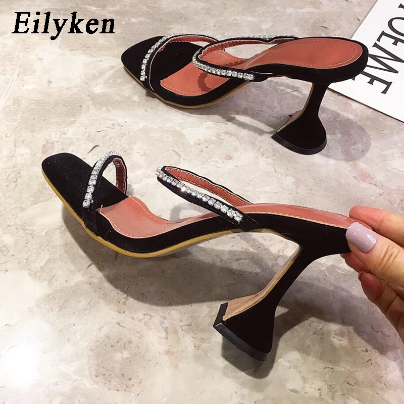 Eilyken New Fashion Rhinestone Chain Women Slippers Sandals Strange Cup Heels Sexy Leopard Print Square Toe Ladies Dress Shoes