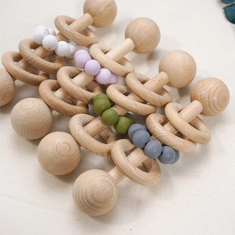 Organic Safe Baby Wooden Teether Colorful Non-toxic Infant Teething Grasping Toy Eco Friendly Rattles Sensory Toys