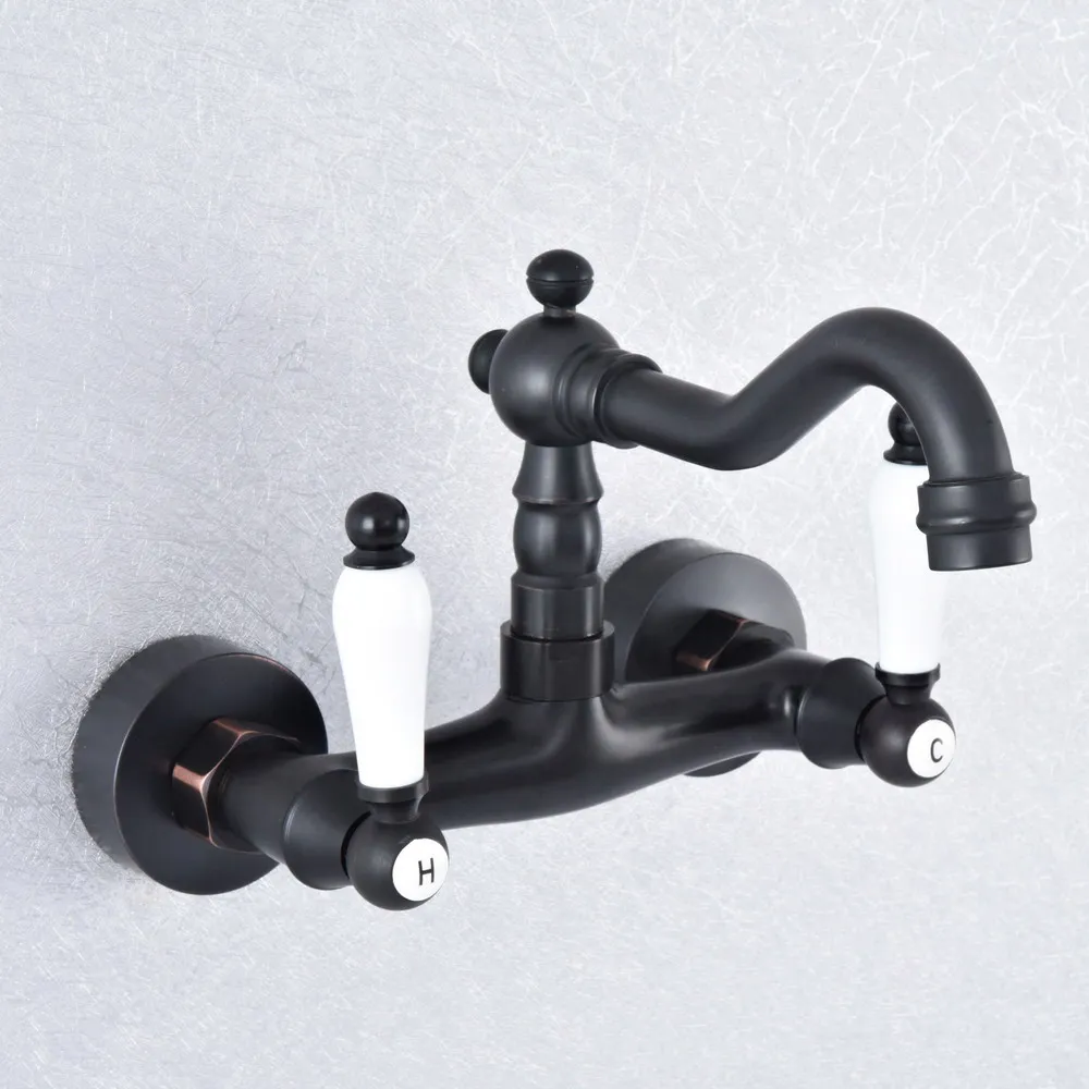 

Oil Rubbed Bronze Double Handle Kitchen Faucet Wall Mounted 360 Degree Rotate Bathroom Kitchen Mixers Hot and Cold Tap zsf753