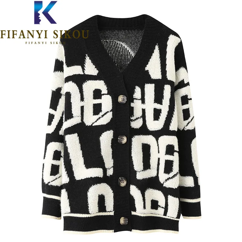 

Cardigan Women Knitted Sweater Jacket Letter Embroidery Fashion V-Neck Knit Coat Female Autumn Winter Thick Warm Loose Sweaters