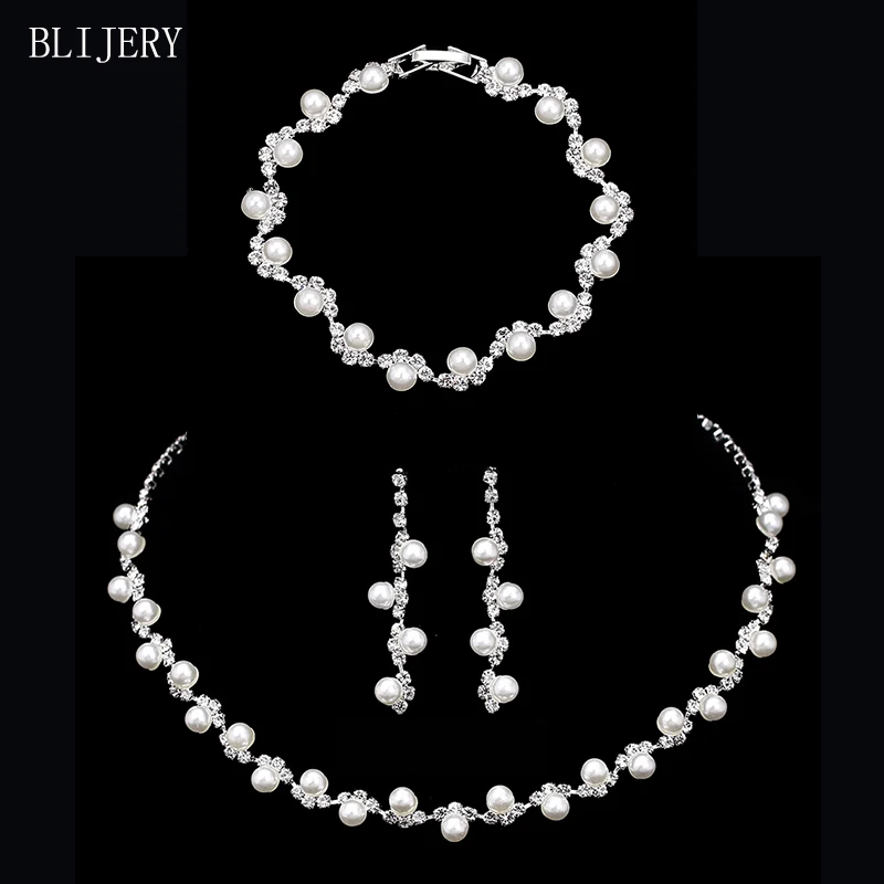 BLIJERY Fashion Simulated Pearl Bridal Jewelry Sets Rhinestone Choker Necklace Earrings Bracelet Wedding Jewelry Sets For Women