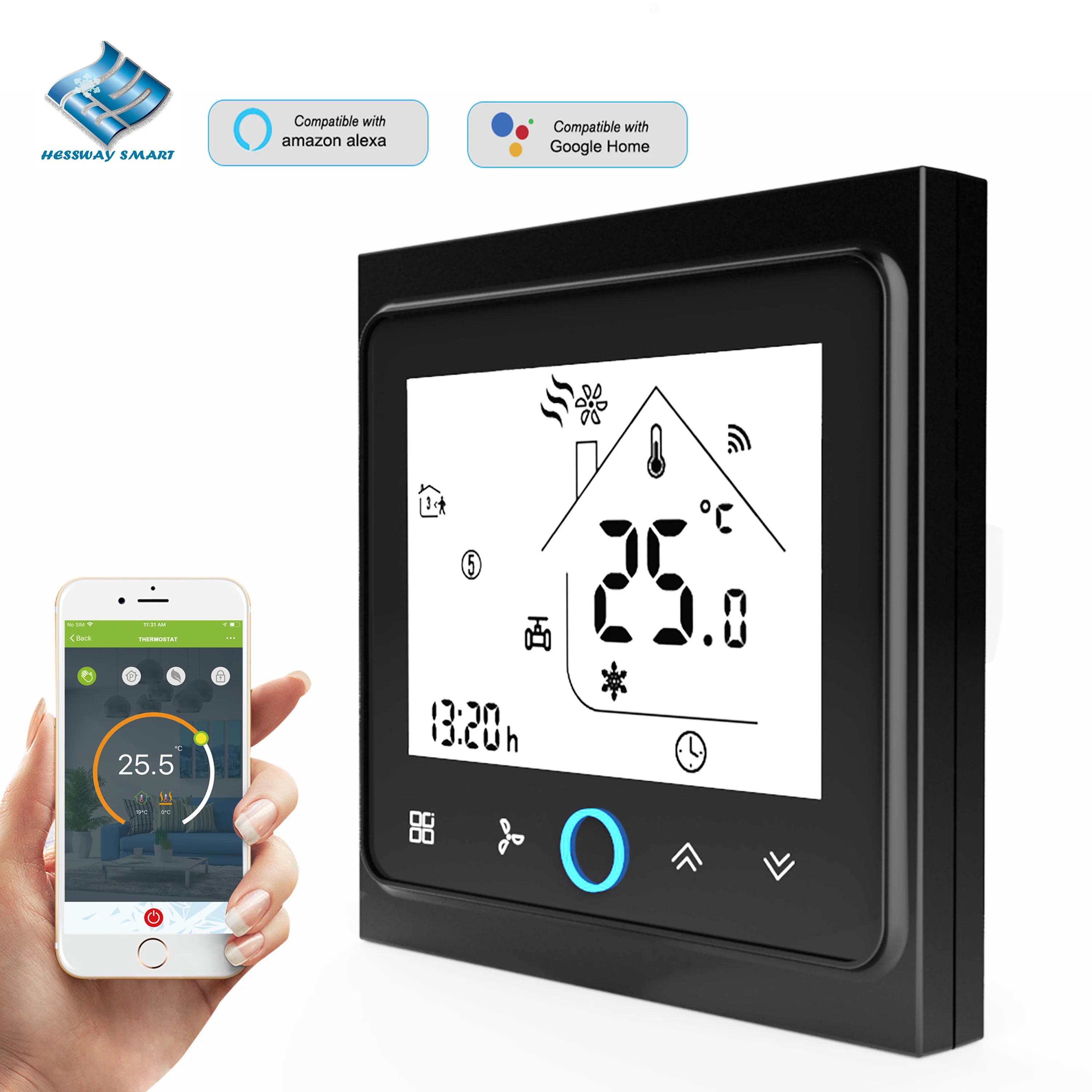 

RS485 Modbus 220V 24V Heat Cool Temp Thermostat WIFI for 4P/2Pipe Fan Coil TUYA Works with Alexa Google Home