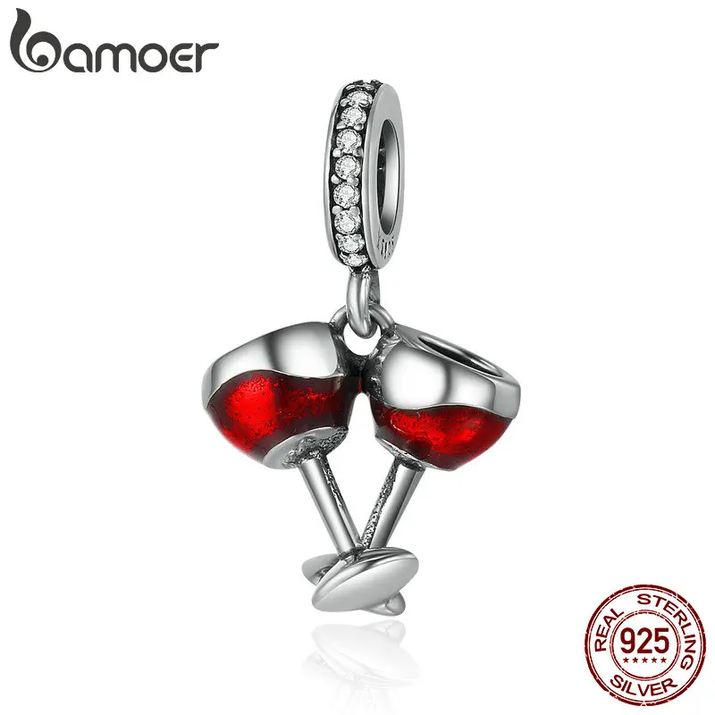 BAMOER Valentine Day Gift 925 Sterling Silver Cheers for Love Couple Beer Pendant Charm Fit Charm Bracelet DIY Jewelry SCC478