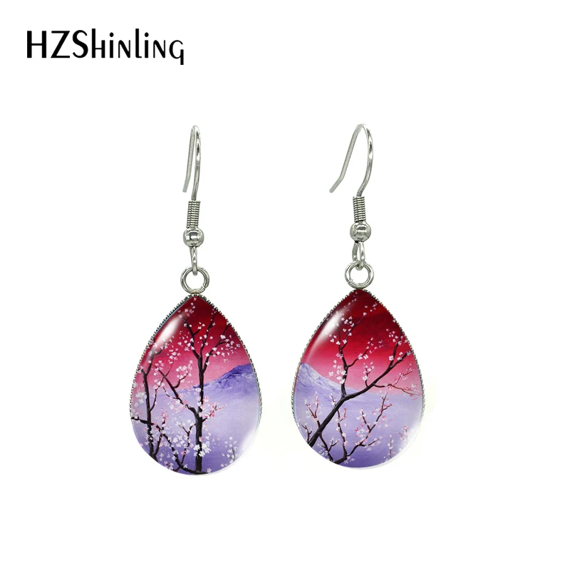 Cherry Blossom Tree Paintings Water Drop Dangle Hook Earrings Glass Cabochon Fashion Jewelry