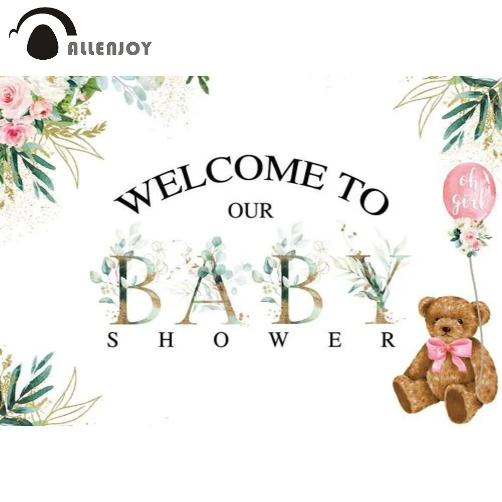 

Allenjoy Girl's Baby Shower Backdrop Balloon Flower Gold Leaves Bear Boy Custom Poster Banner Photography Background Photocall