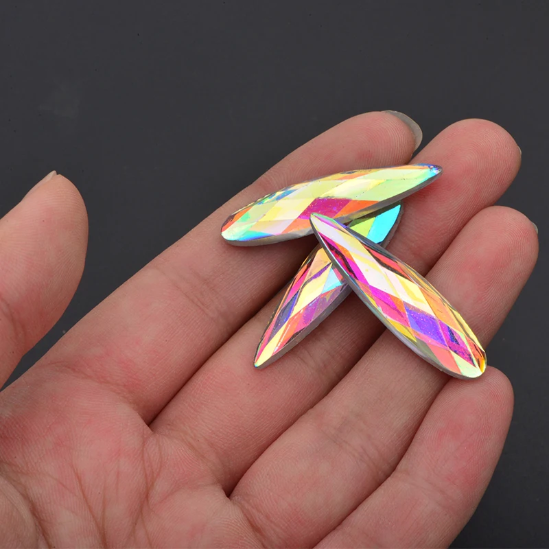 JUNAO 20Pcs 9*36mm Large Crystal AB Teardrop Rhinestone Flat Back Glue On Acrylic Strass Applique Non Hotfix Crystal Stones