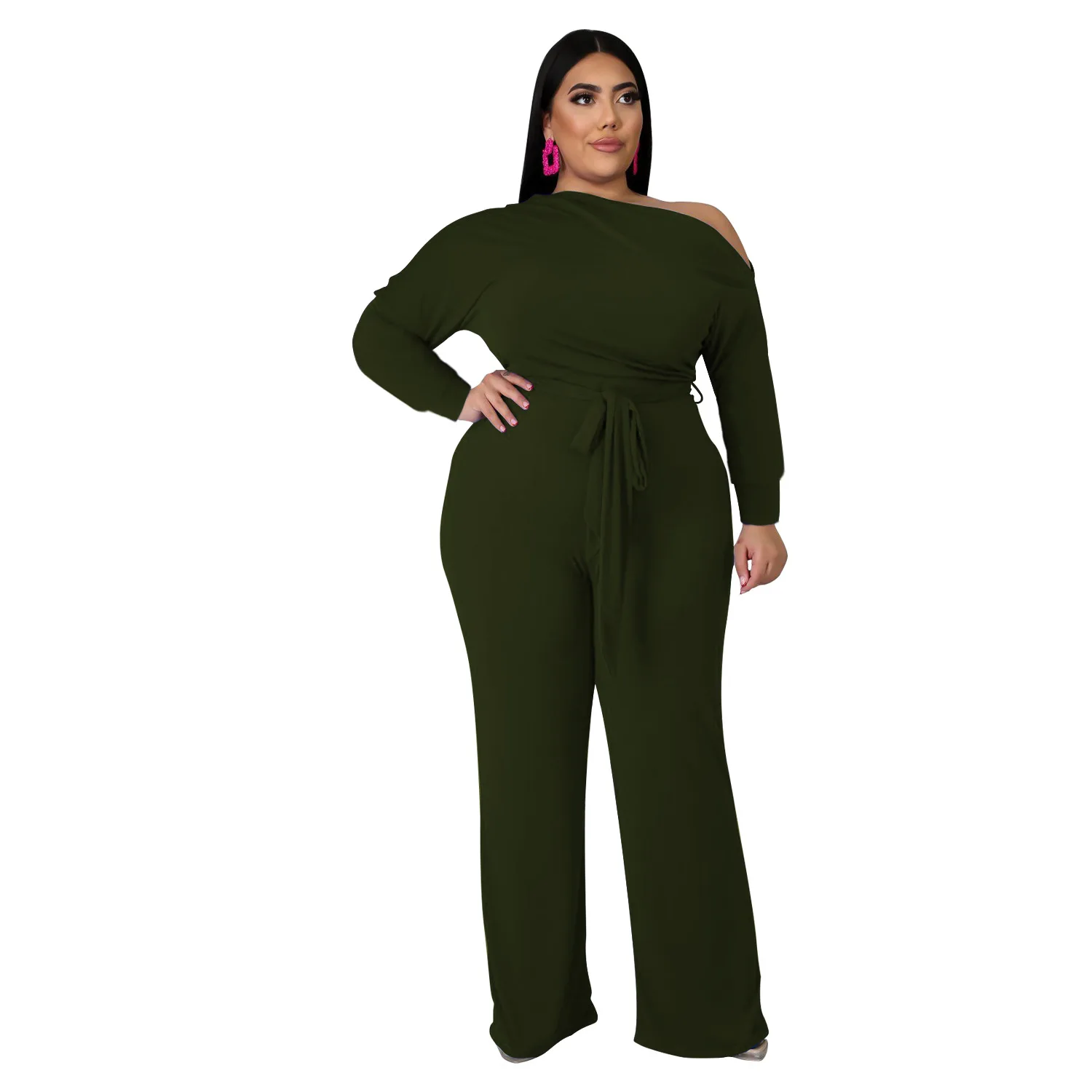 Women\'s Clothing Plus Size Sets Fall Solid Color Oblique Shoulder Wide Leg Flared Pant 2021 Two-Piece Suit Urban Fashion Casual