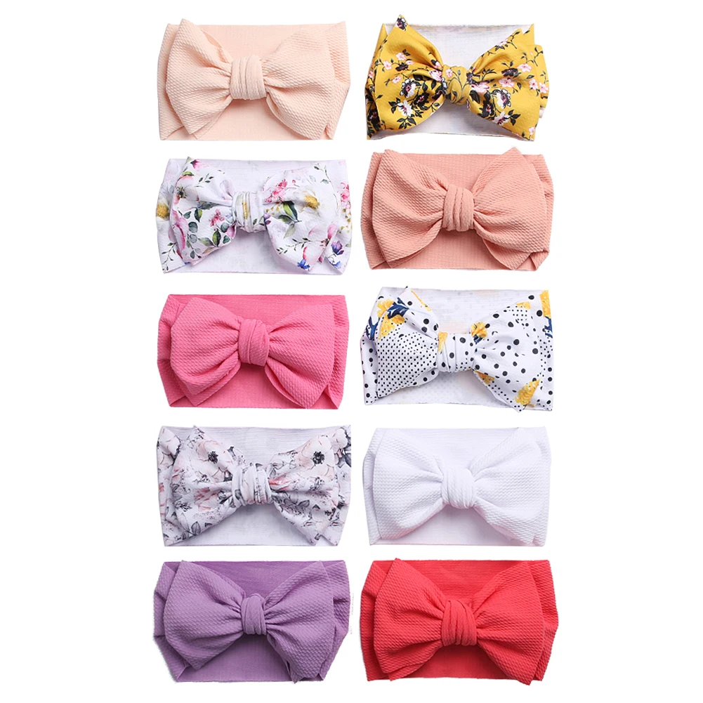 10Pcs/Lot Solid Bullet Baby Headbands Hair Bow Knot Hairbands Princess Girls Flower Print DIY Headwraps Kids Photography Props