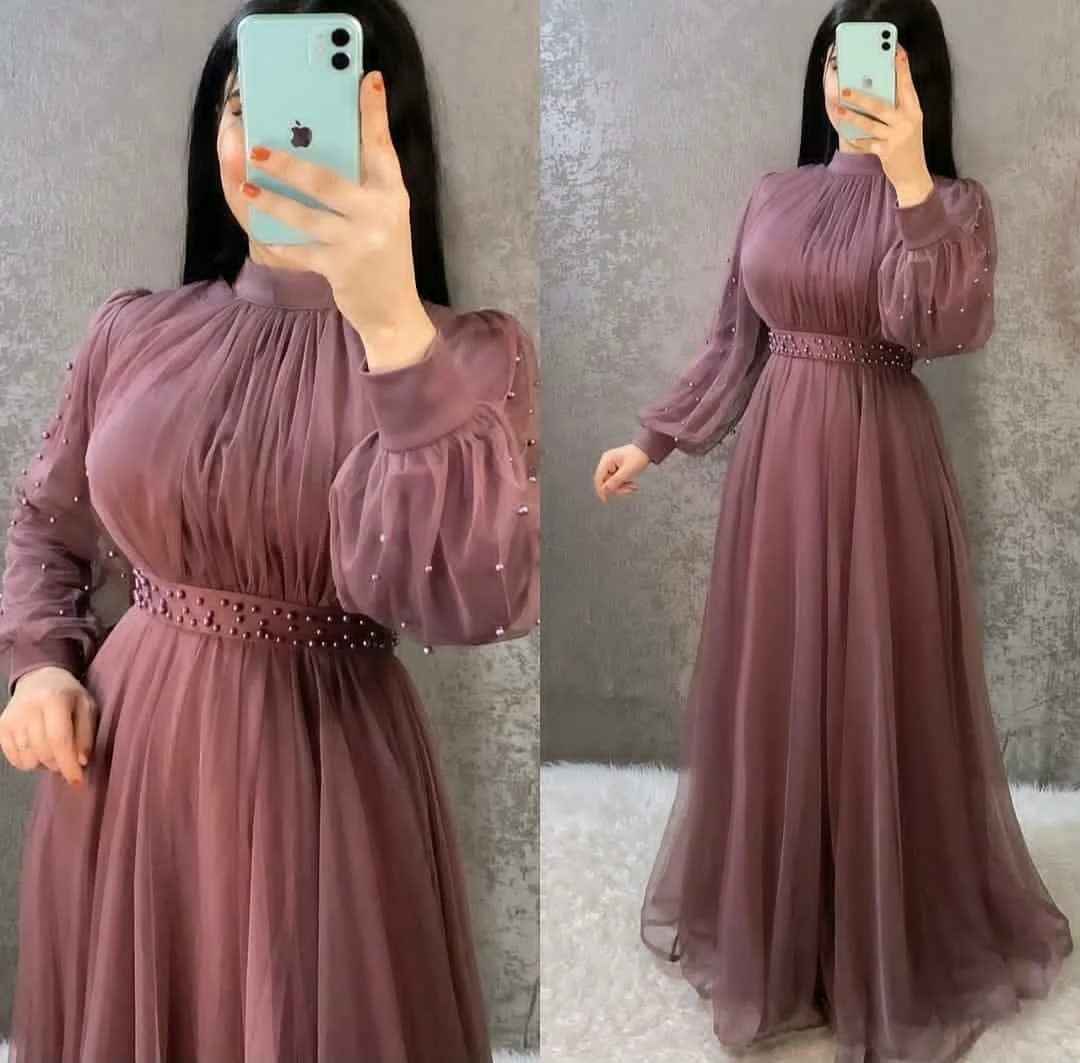 Elegant High Neck Muslim Long Sleeve Evening Dress 2021 A-Line Beads Pearls Abiye Arabic Prom Party Gown Vestido Longo Festa