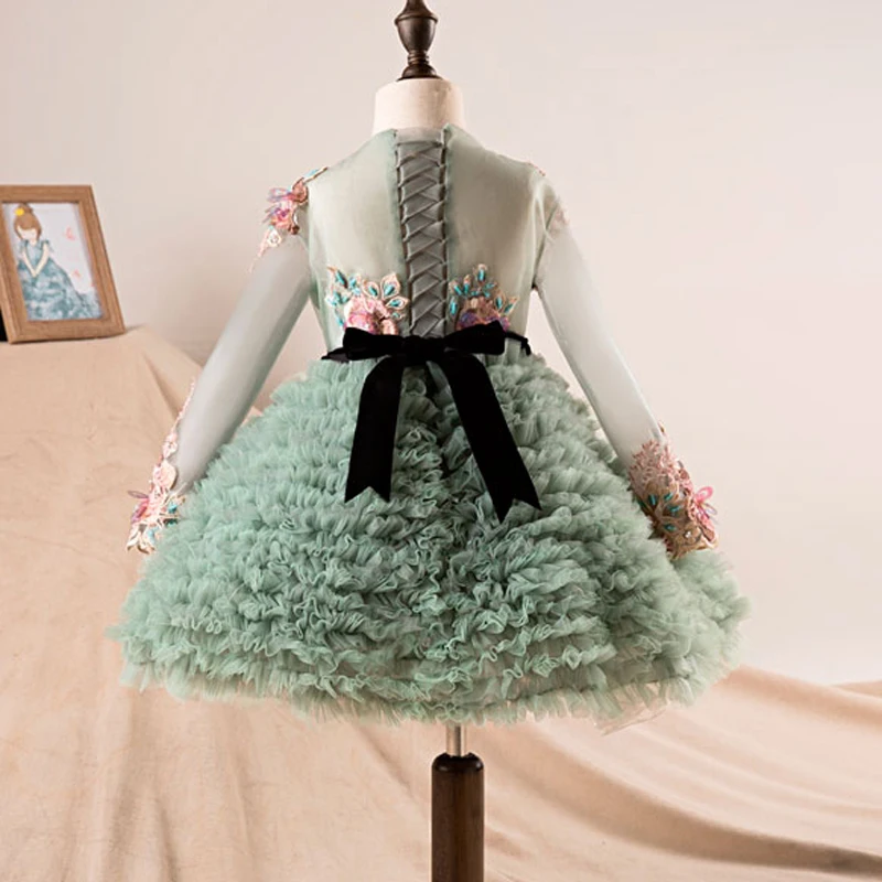 Cutie Mint Green Flower Girl Dress Appliques Tulle Midi Children Pageant Gowns Floral vestido daminha Flower Girl Dresses Sleeve