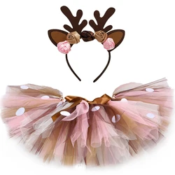 Christmas Costume Kids Reindeer Tulle Skirt Fluffy Brown Deer Girl Tutu Skirt For Halloween Carnival Children Outfit 1-14 Years