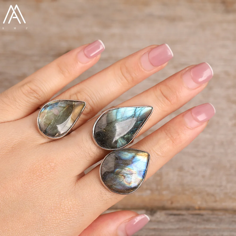 Top Quality Natural Flash Labradorite Stone Waterdrop Ring For Women Fashion Ring Jewelry Gift For Her Dropship