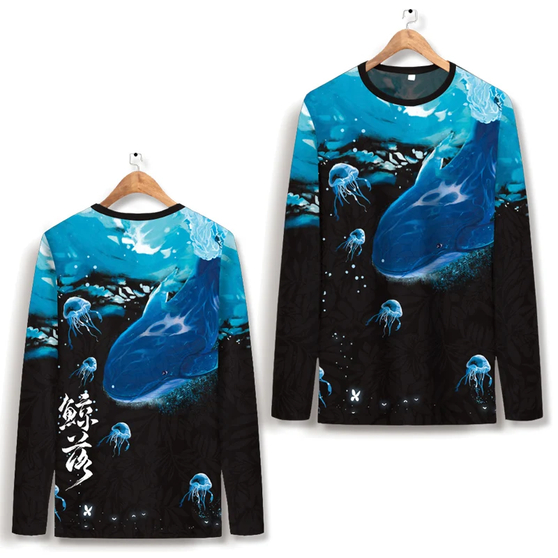 

Spring And Autumn Long-Sleeved T-Shirt Men's Tide Brand Whale Print Top Large Size Ice Silk Bottoming Shirt Round Neck All-Match