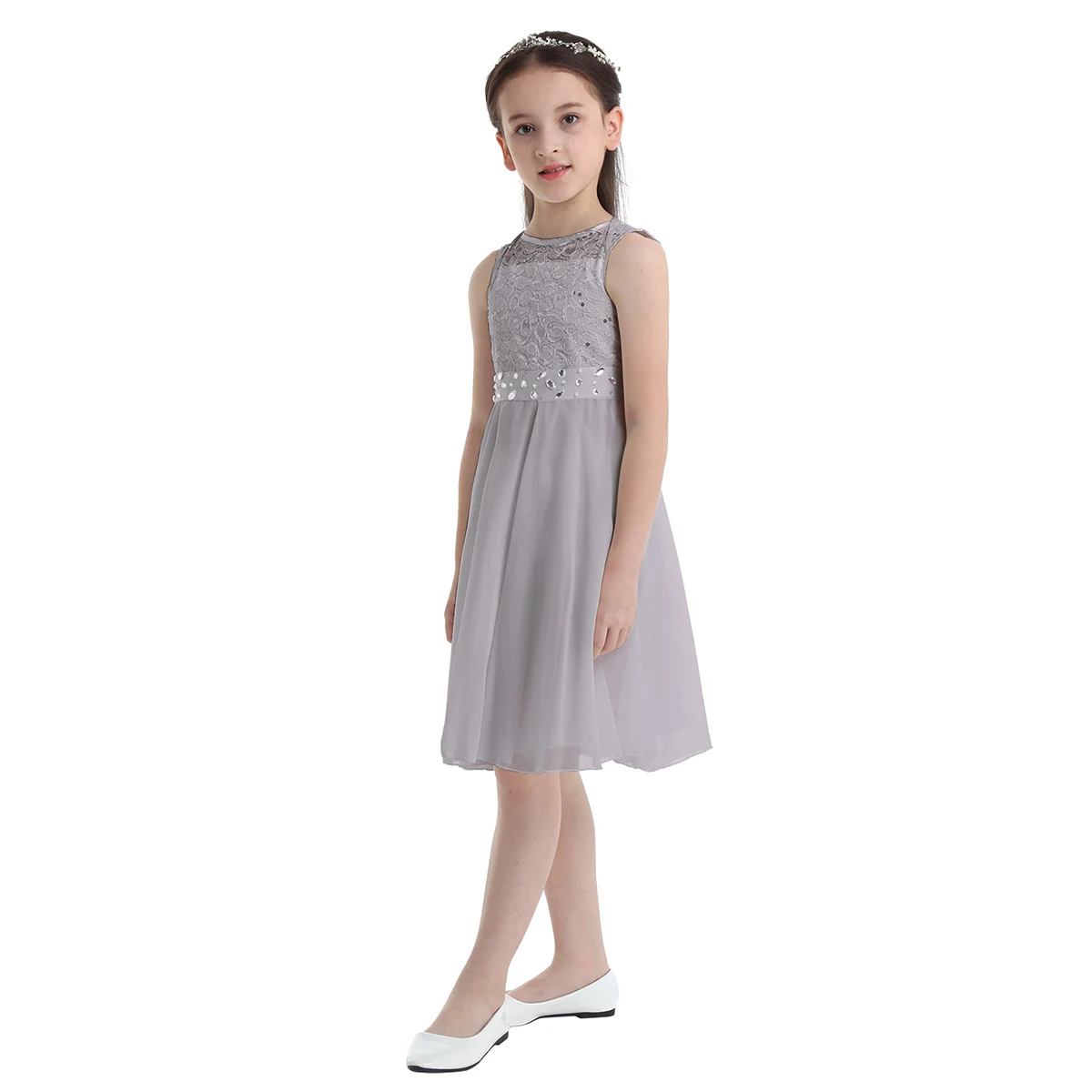 iiniim Girls Sequined Floral Lace Chiffon Dress Princess Formal Brides Wedding Birthday Party Dress First Communion Tutu Dress