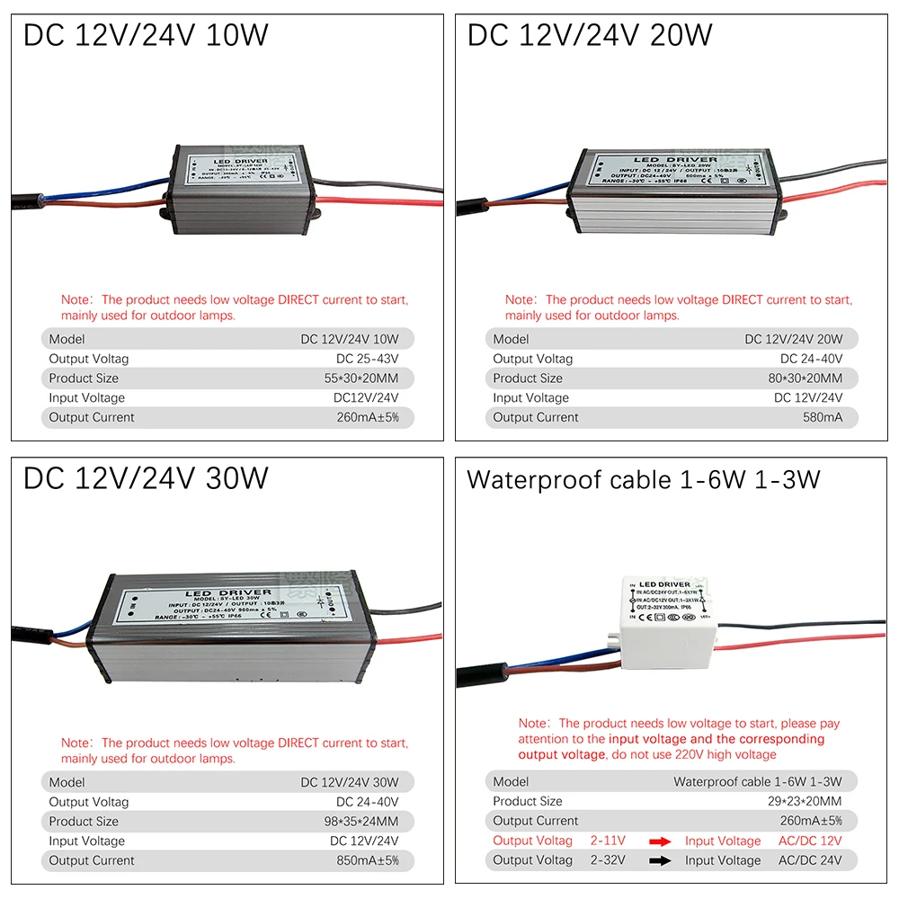 Driver LED a bassa tensione AC/DC12V 24V ingresso 260mA 580mA 10w 20w 30w 50w alimentatore Boost impermeabile per luce di inondazione esterna