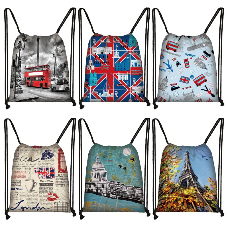 

British Style Drawstring Bag London Landscape Eiffel Tower Oil Painting Travel Bag Teenager Girl Softback Backpack Shoes Holder