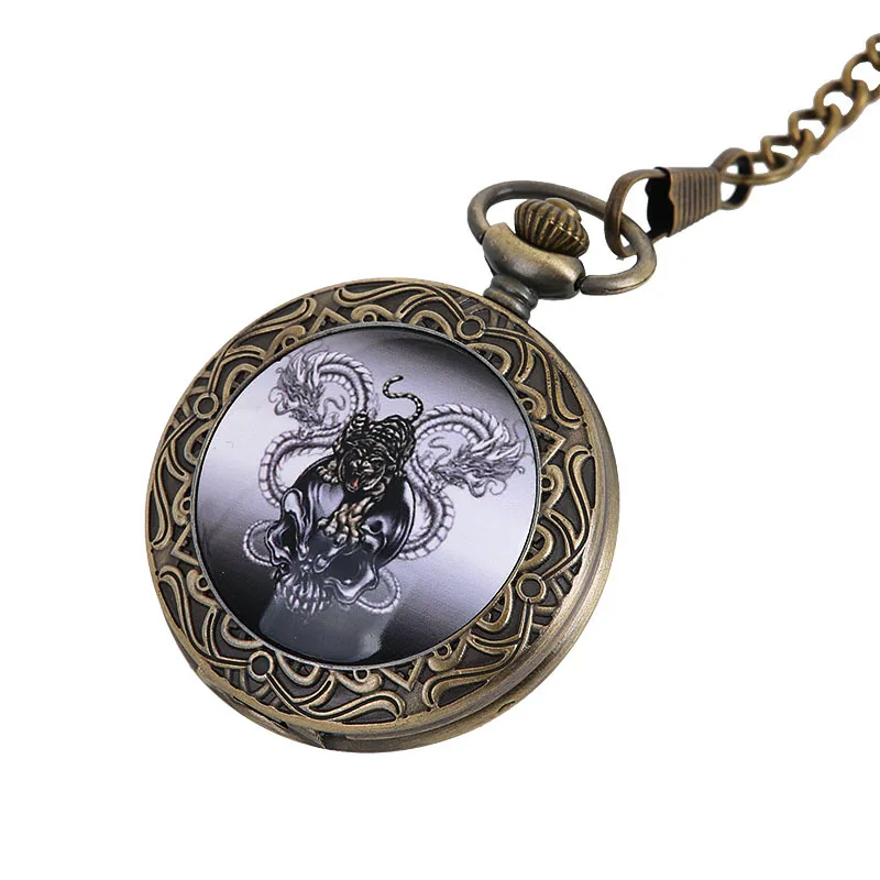 9087Ceramic Tiger Tiger Vintage Pocket Watch Thick Chain Large Double White Dragon Classic Pocket Watch