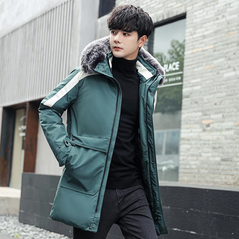 2021 Winter Big fur collar hooded young men's fashion trend white duck down down jacket for cold temperature long warm coat