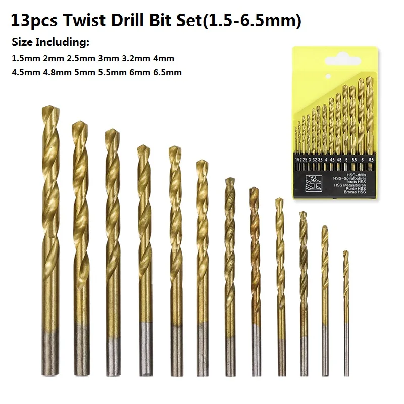 Twist Drill Bit Set 13pcs/set HSS Gun Drill Bits 1.5-6.5mm Titanium Coated Hole Cutter for Power Tools Woodworking Metal Tools