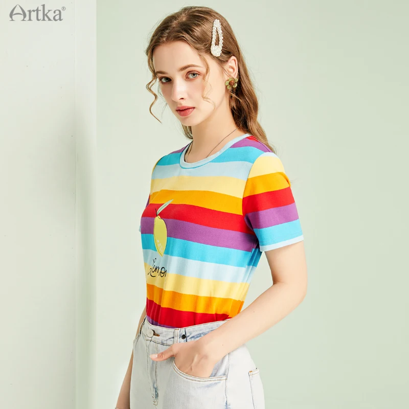 ARTKA 2021 Summer New Women T-shirt Fashion Rainbow Striped O-Neck T-shirts Casual Print Short Sleeve T-shirts Female TA25217X