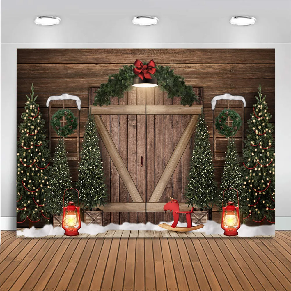 Mocsicka木製ドア壁クリスマスツリーの背景松花輪雪の子の写真の背景の小道具写真スタジオ