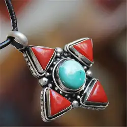 TBP043 Nepal Vintage Clover Pendant Inlay Colorful Stone Flower Tibetan Jewelry