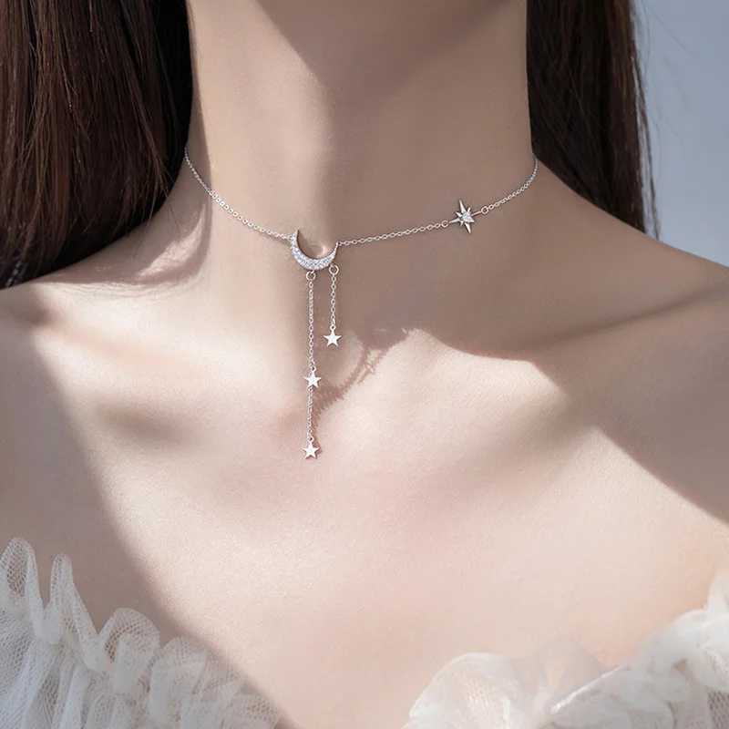 

VENTFILLE S925 Sterling Silver Stars Moon Tassel Necklace Feminine Clavicle Chain Simple Personality Pendant Tide Gift