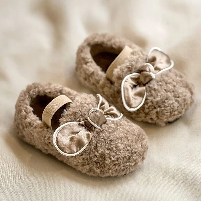 Cute Children Flat Shoes Girls Baby Casual Fleece Loafers Non Slip Princess Footwear Bowknot Elastic Band Kids Home Slippers