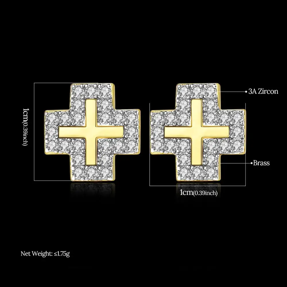 JINSE Clear Cubic Zirconia Punk Pierced Stud Iced Rhinestone Cross Shape Fashion Earrings for Men Hip Hop Trendy Cool Party Gift