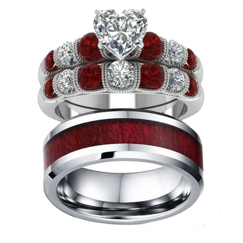 Carofeez Fashion Jewelry Lovers Rings Women\'s Zircon Heart Ring Sets Men\'s Stainless Steel Wedding Band Engagement Couple Ring