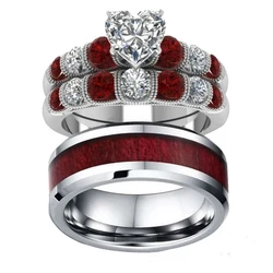 Carofeez Fashion Jewelry Lovers Rings Women's Zircon Heart Ring Sets Men's Stainless Steel Wedding Band Engagement Couple Ring