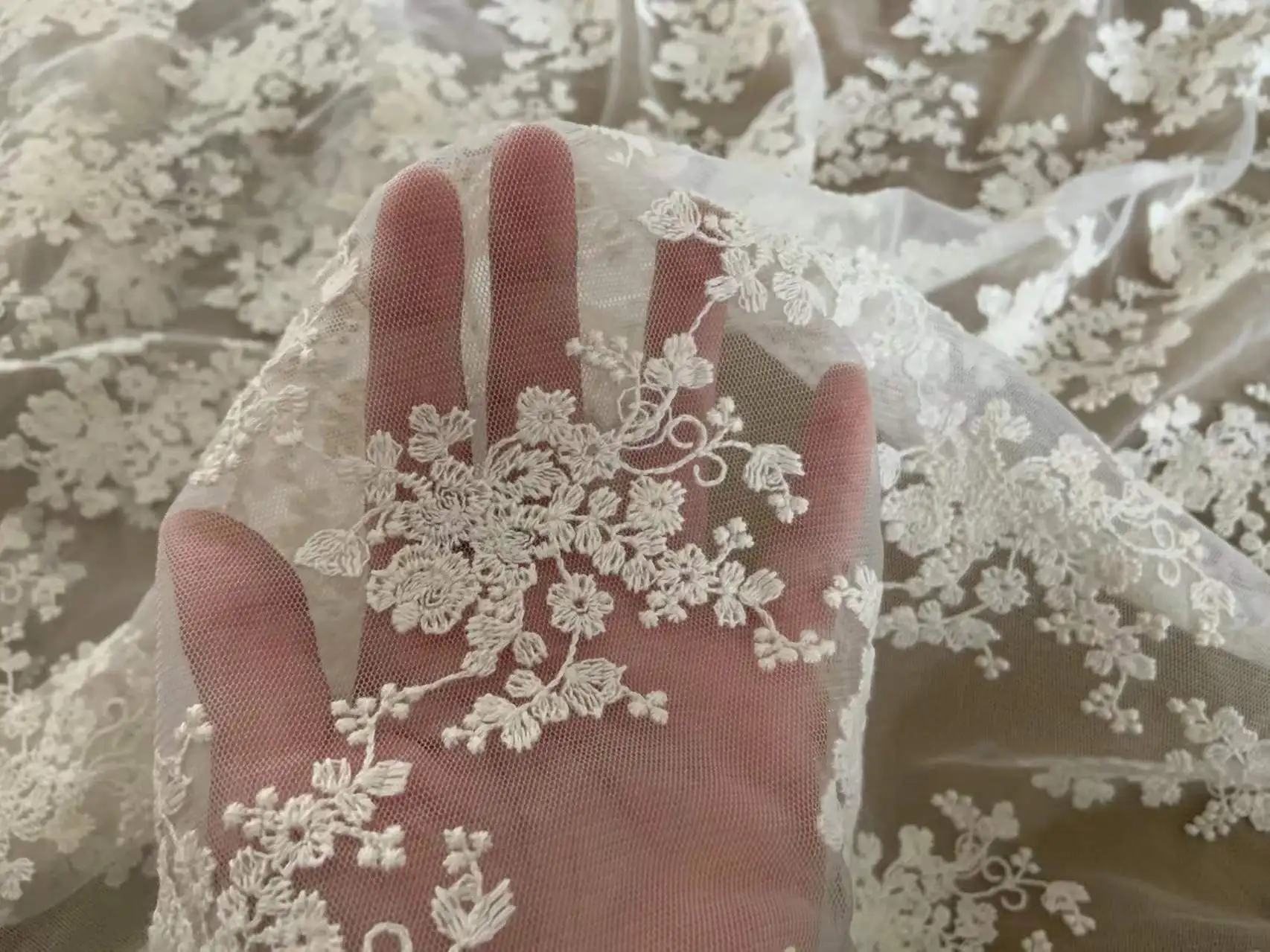 

1 Yard Ecru Tulle Lace Fabric Vintage Flowers Mesh Embroidery Floral Gauza for Curtain Netting,Wedding Dress,Bodice Decor