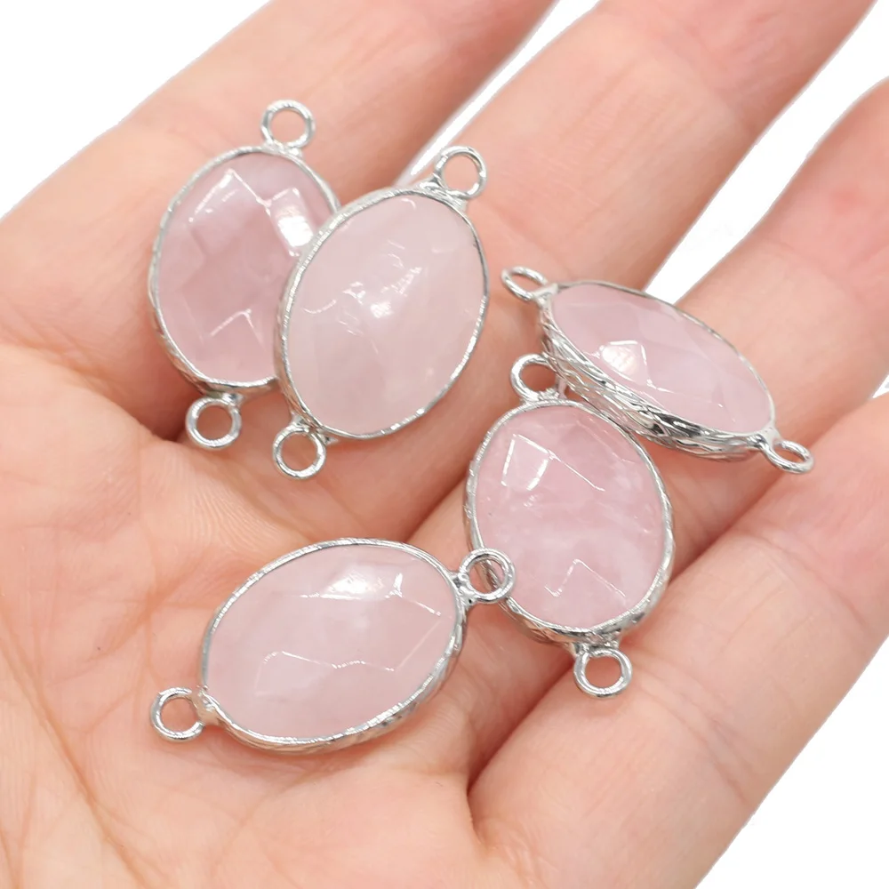 2pcs Natural Rose Quartzs Pendant Connectors Charms Oval Shape Pendnat Connectors for Women Jewelry Necklace Making 14x27mm