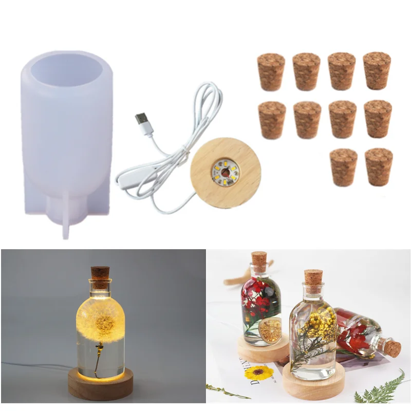 New Lamp Shape UV Epoxy Resin Mold DIY Craft Set of Lamp, 10pcs Bottle Stops, Light Base Handmade Ornament Decor Silicone Mold