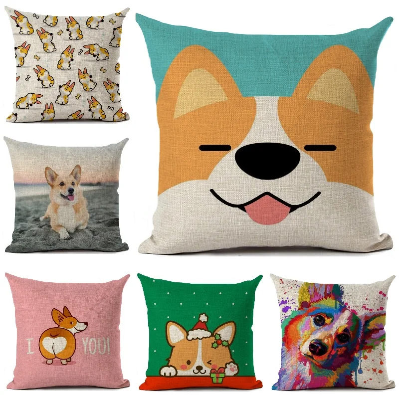 Corgi Dog Printed Cotton Linen Cushion Cover Home Decoration Pillow Case Living Room Decorative Square Throw Pillows  45x45cm