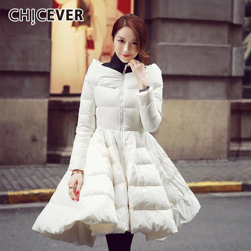 CHICEVER Thick Cotton Coat For Women Stand Collar Long Sleeve Patchwork Ruffles Ruched Tunic Plus Size Cotton Coats Female 2024