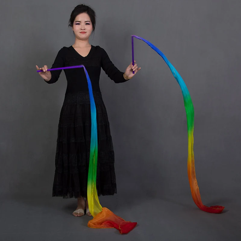 Rainbow Real Silk Ribbon Streamers para crianças, performance de palco multicolor, adereços dançantes para meninas, acessórios para dança do ventre