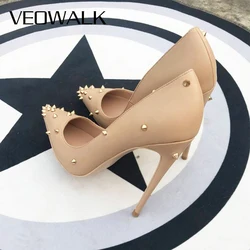 Veowalk Nude Matte Women Fashion Sexy Spikes Pointed Toe Thin Stiletto Pumps Slip On High Heel Party Shoes Plus Size 10 11 12